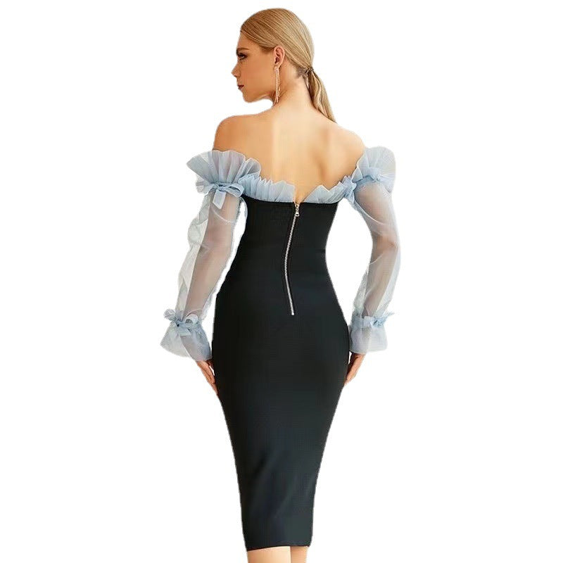 Dame Elegant Off-Shoulder Kjole med Gennemsigtige Puffærmer og V-Udskæring Stilla