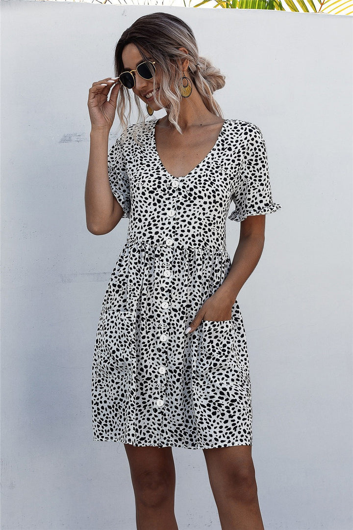Dame Button-Up Kortærmet Kjole med Oversize Lommer Stilla