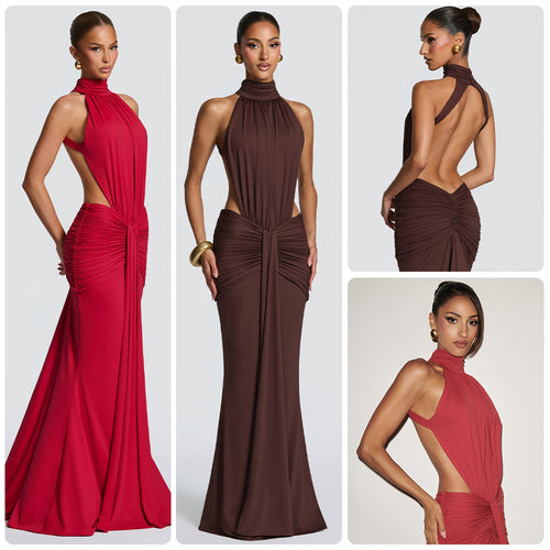 Dame elegante maxi kjole med chic halter design og sofistikeret draperingselement