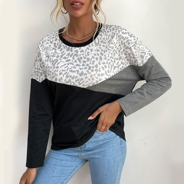 Kvinders fashionable langærmet skjorte med kreativ leopardprint og blokstriber Stilla