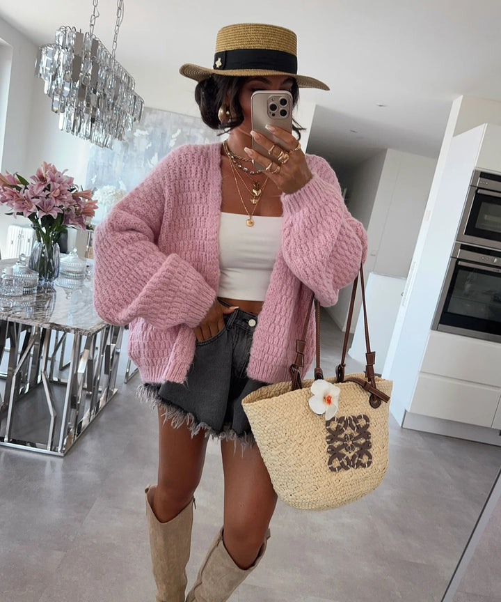 Kvinders chunky strik cardigan med voluminøse ærmer og åben front Stilla