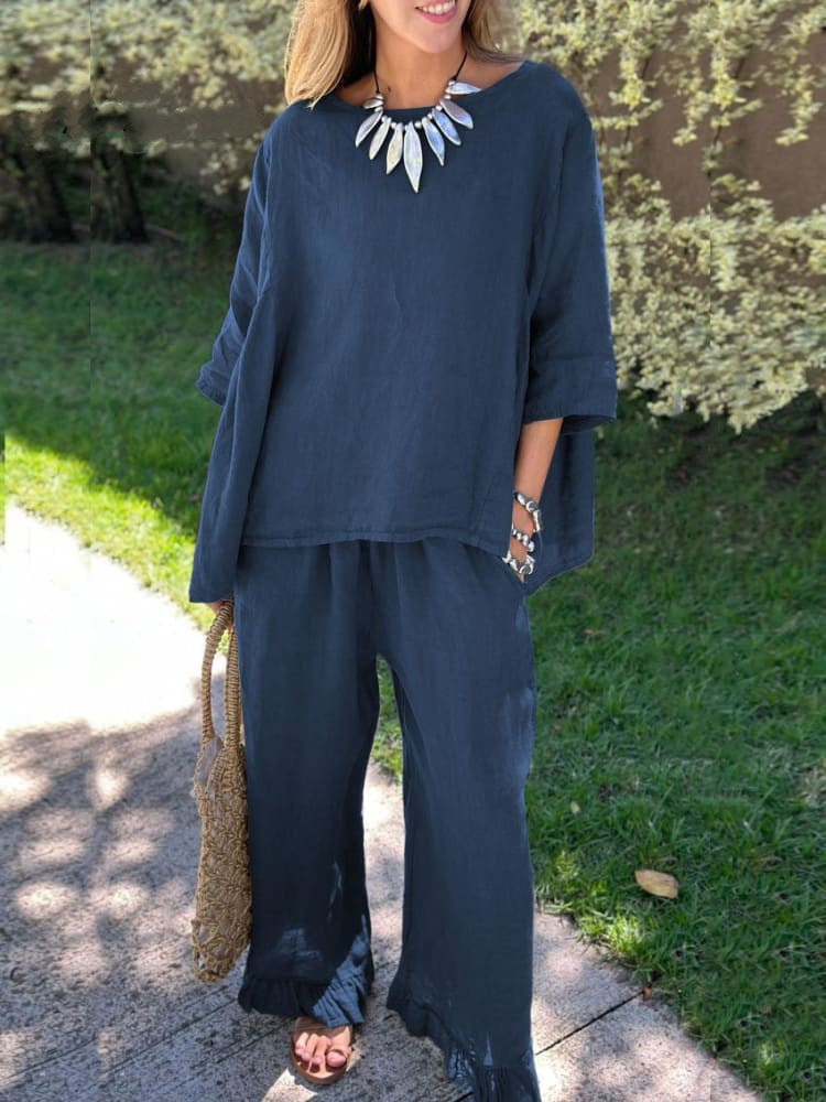 Dame Moderisk Linned Loungewear Sæt med Oversize Overdel Stilla