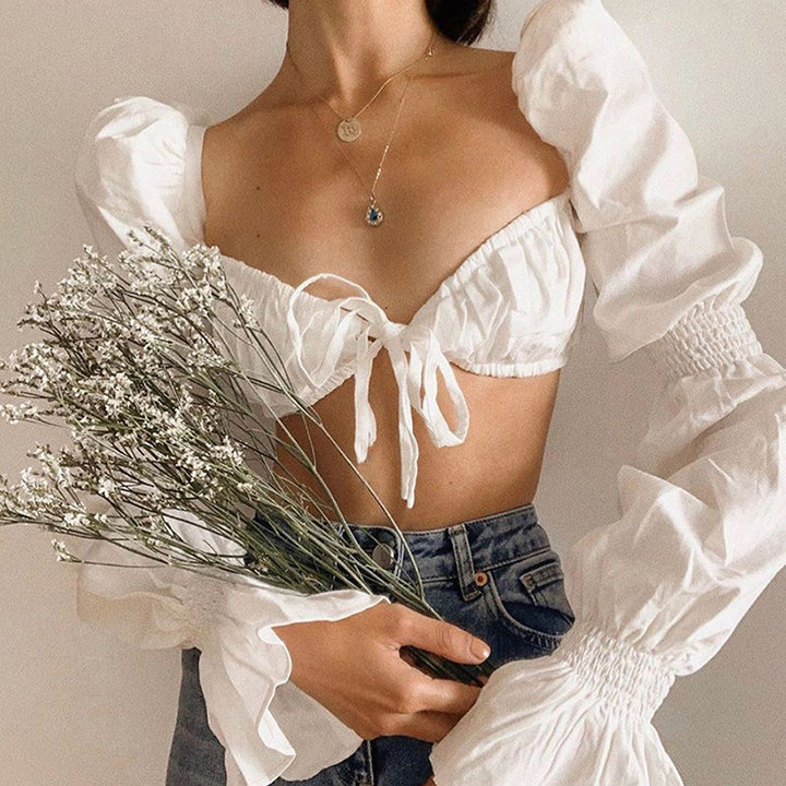 Dame Cropped Bluse med Puffærmer og Rynk Stilla