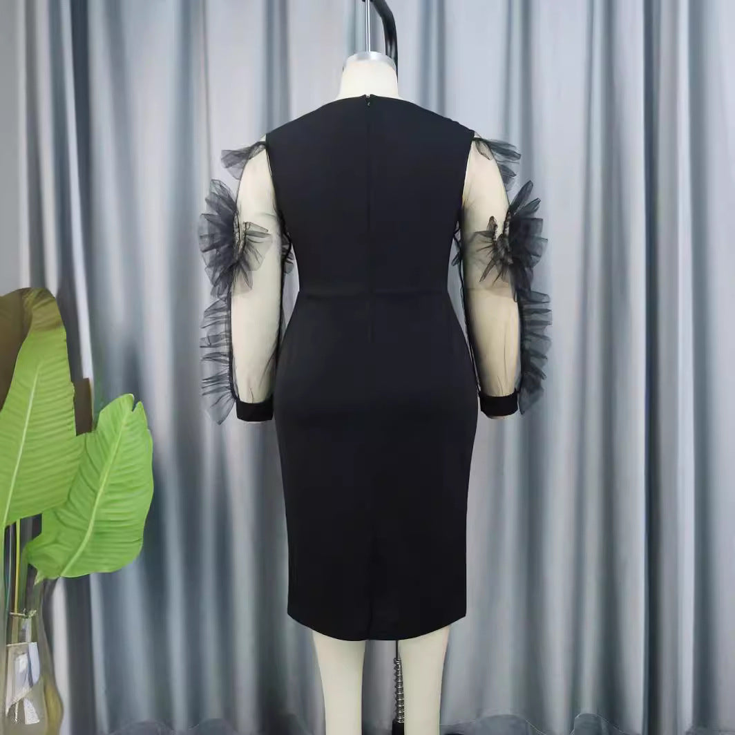 Dame pencil dress med voluminøse gennemsigtige puffærmer Skovae