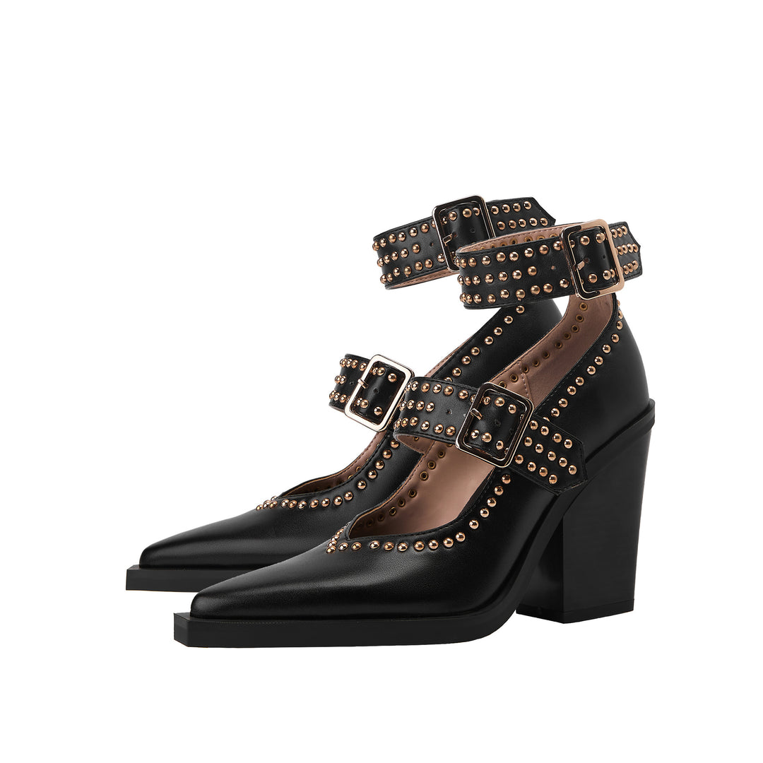 Femme Chunky Hælsats Mary Jane Pumps med Nitteudsmykning Stilla