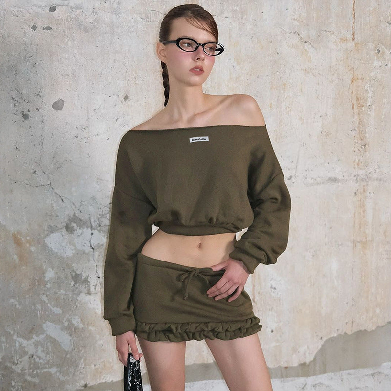 Dame Casual Sweatshirt og Kort Nederdel Sæt med Rynket Kant og Asymmetrisk Design Stilla