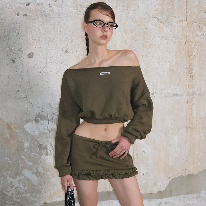 Dame Casual Sweatshirt og Kort Nederdel Sæt med Rynket Kant og Asymmetrisk Design Stilla