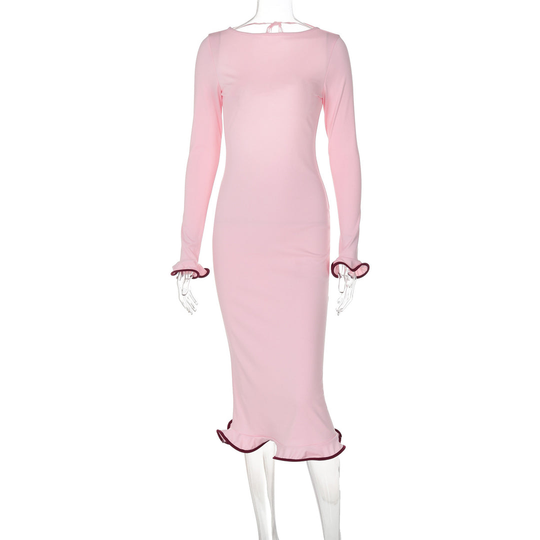 Dame Elegant Langærmet Kjole med Flæsedetaljer Stilla