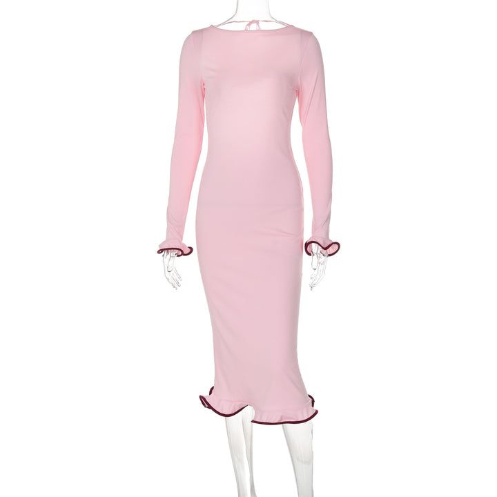 Dame Elegant Langærmet Kjole med Flæsedetaljer Stilla