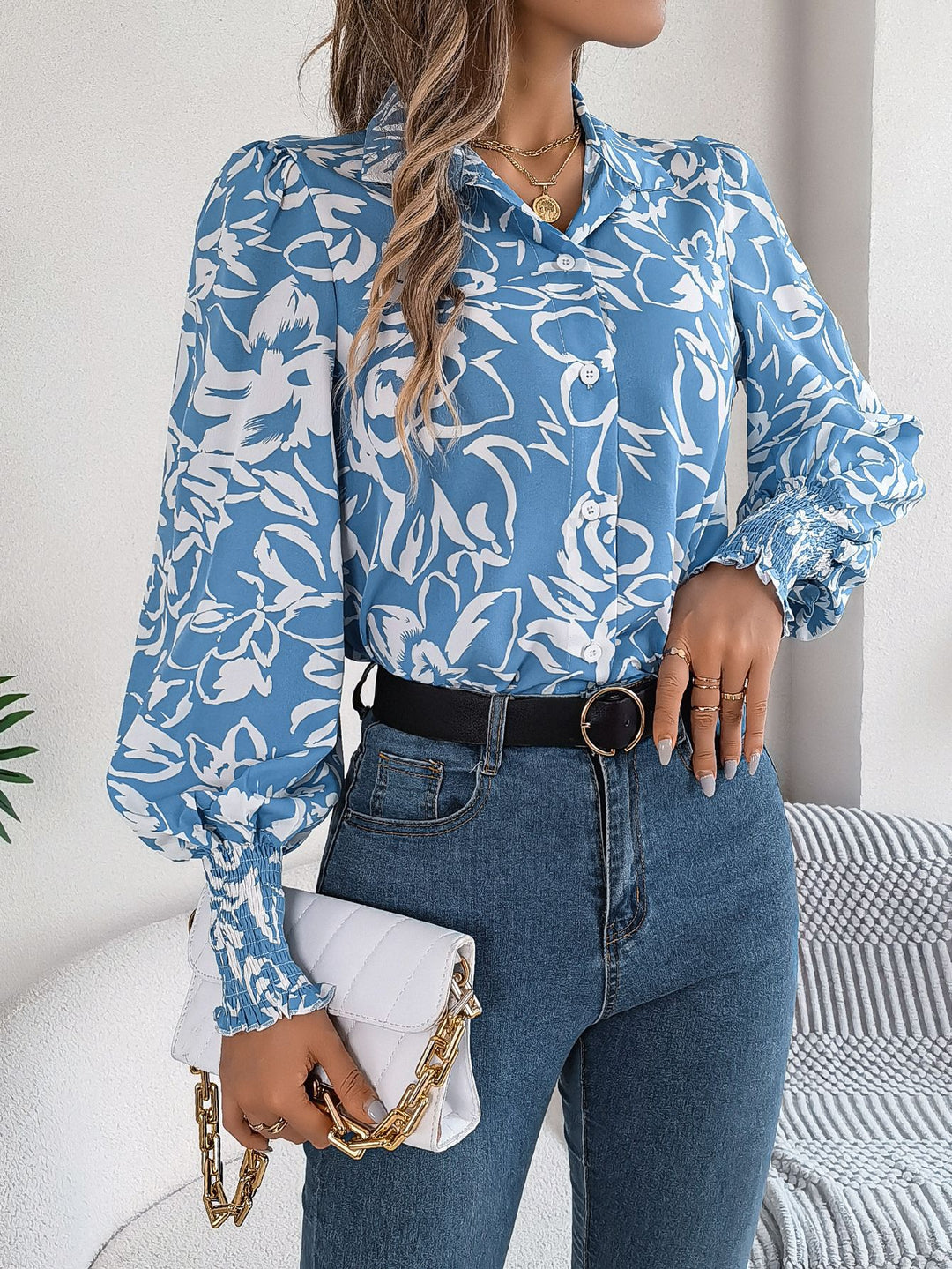 Dame Elegant Bluse med floral design og puffærmer Stilla