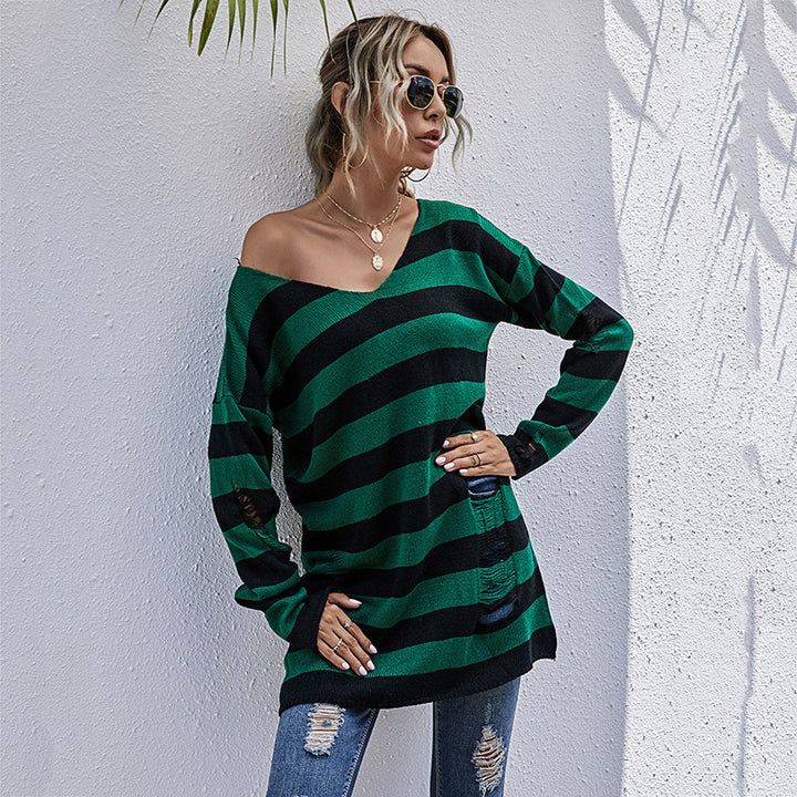 Dame stribet Oversized Pullover med dyb V-udskæring og trendy Cut-Outs Stilla