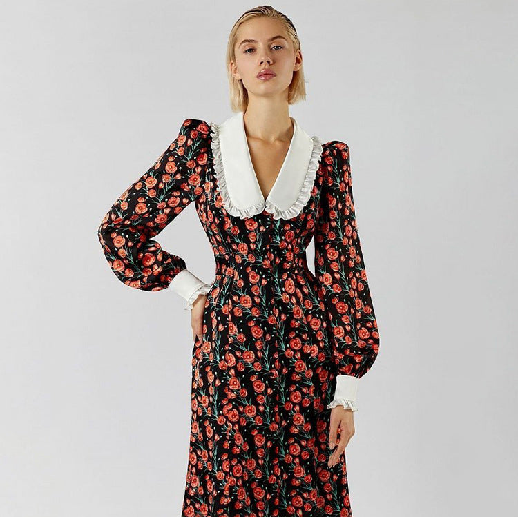 Dame Midi-kjole med blomsterprint og klassisk krave Stilla