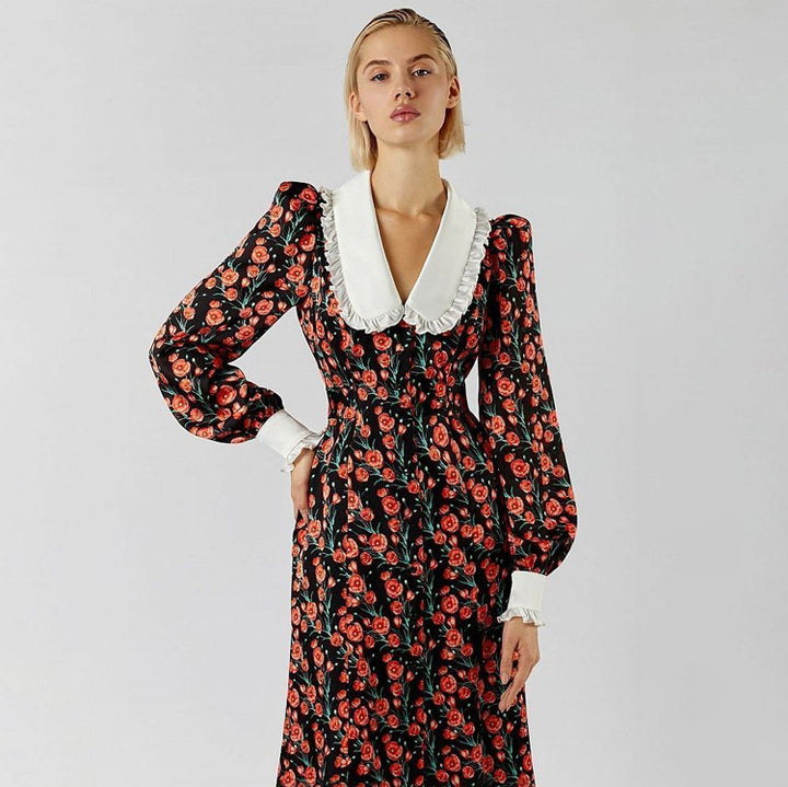Dame Midi-kjole med blomsterprint og klassisk krave Stilla