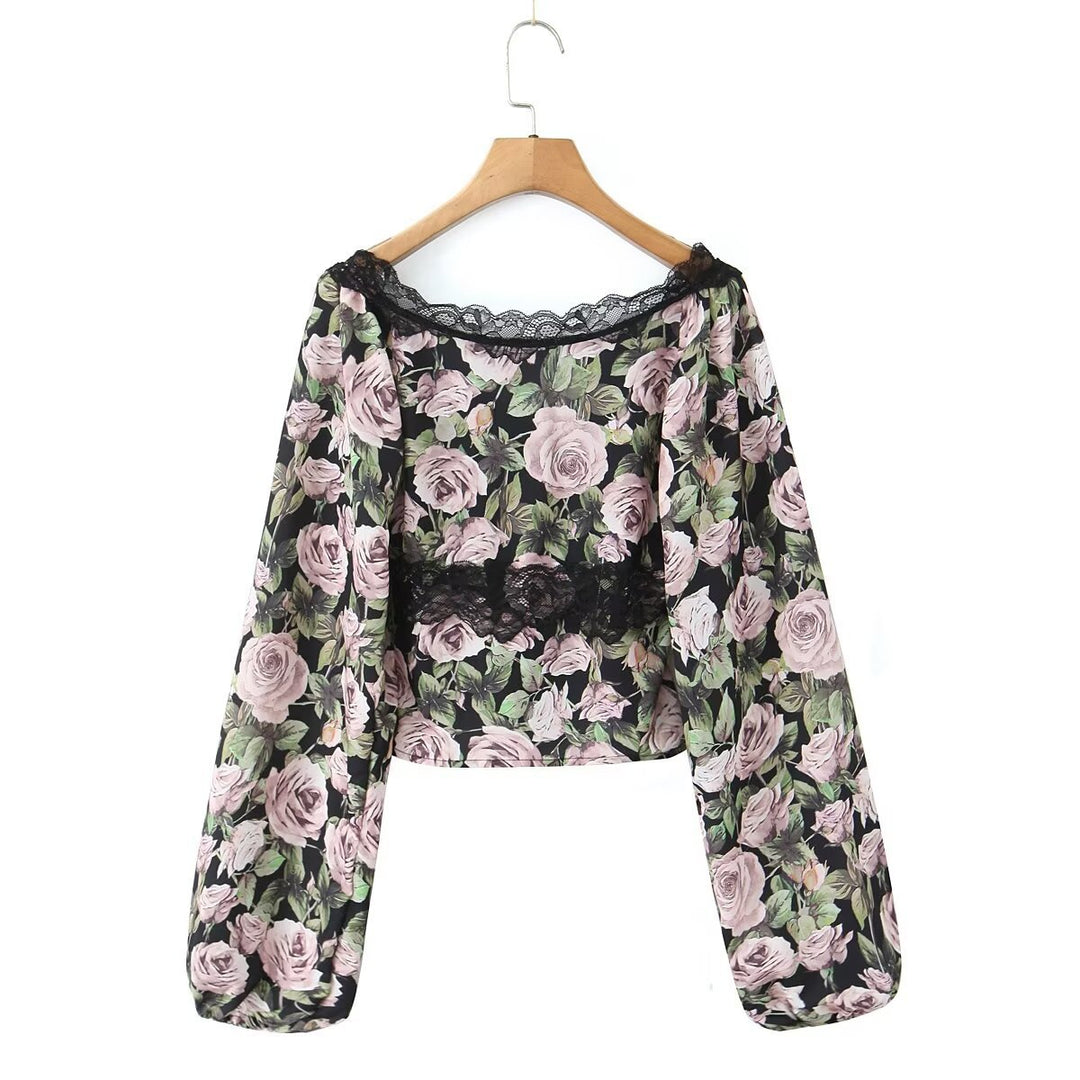 Dame blomster mønster crop-top med spids accenter og afslappet snit Stilla