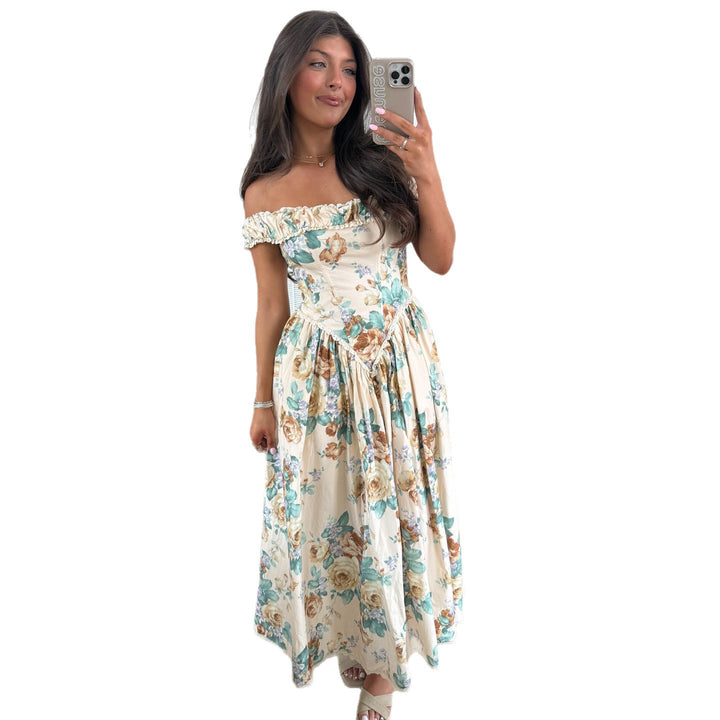 Kvinder Off-Shoulder Maxi Kjole med Blomsteraccenter og Samlet Top