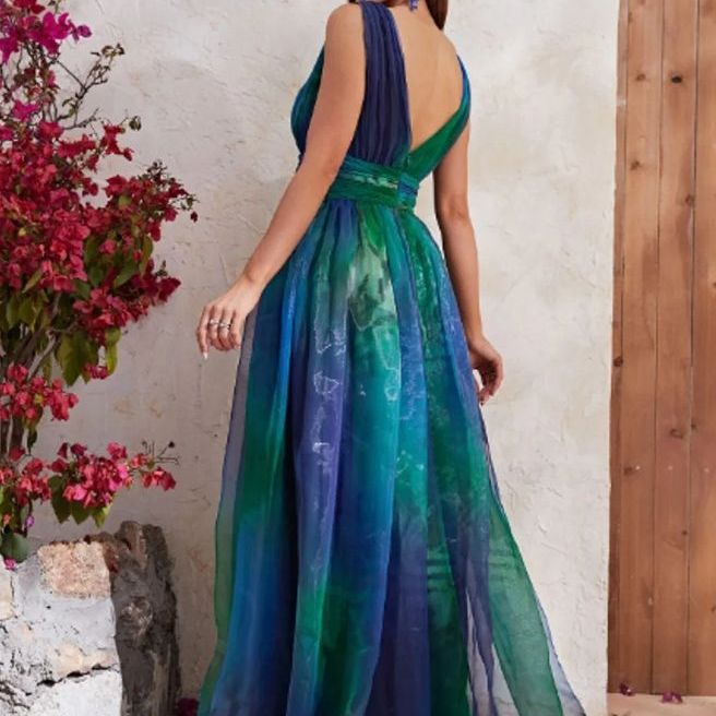 Dame elegant maxikjole med flydende chiffon-overdel og V-udskæring Stilla