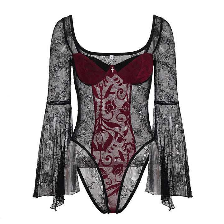 Dame spidsbodysuit med voluminøse ærmer og elegante udsmykninger Skovae