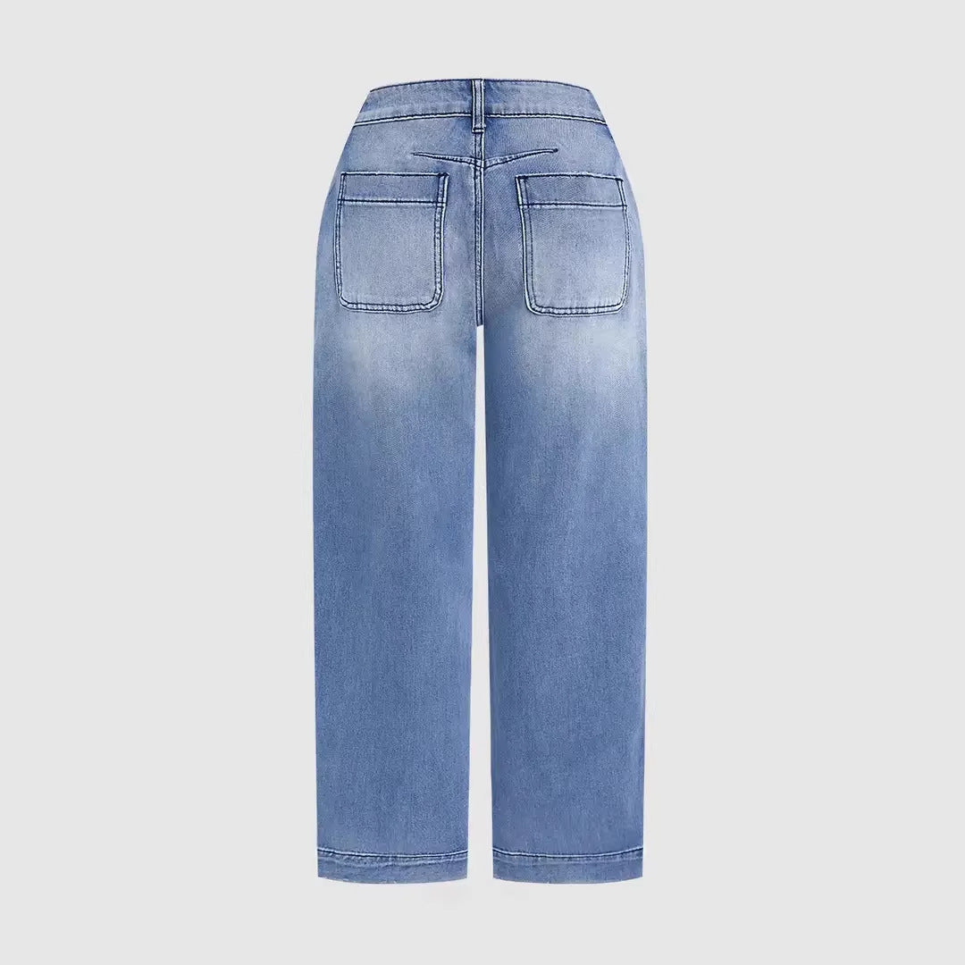 Dame løse jeans med moderne kort snit og høj talje