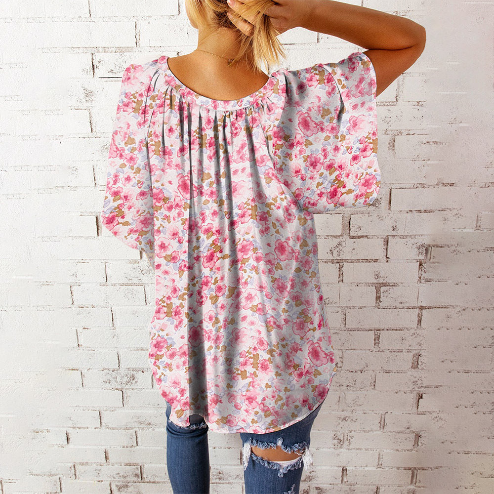 Stilla | Afslappet Floral Print V-hals Kort Ærme Overstørrelse Top Bluse