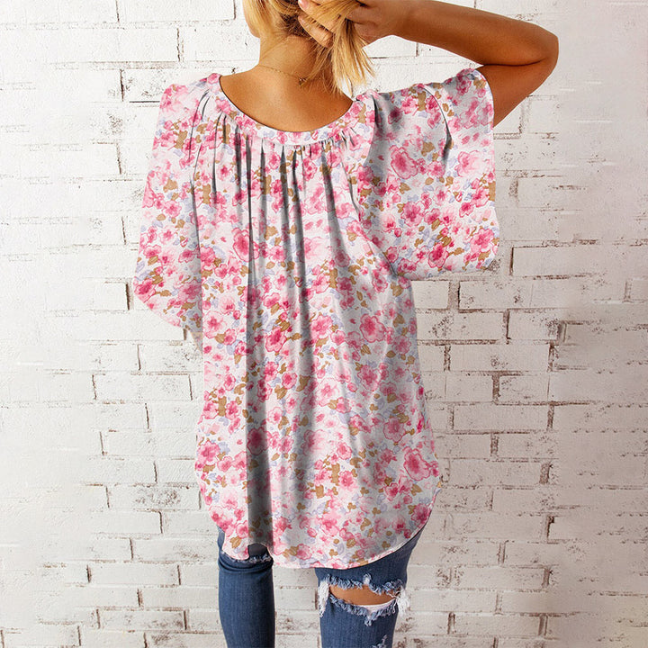 Stilla | Afslappet Floral Print V-hals Kort Ærme Overstørrelse Top Bluse