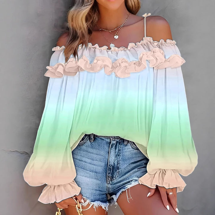 Dame Off-Shoulder Bluse med Rüschen og Farvegradient Stilla