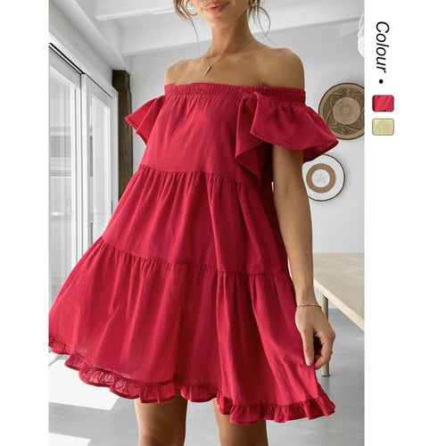 Ladies Off-Shoulder Casual Dress with Ruffle Details Skovae