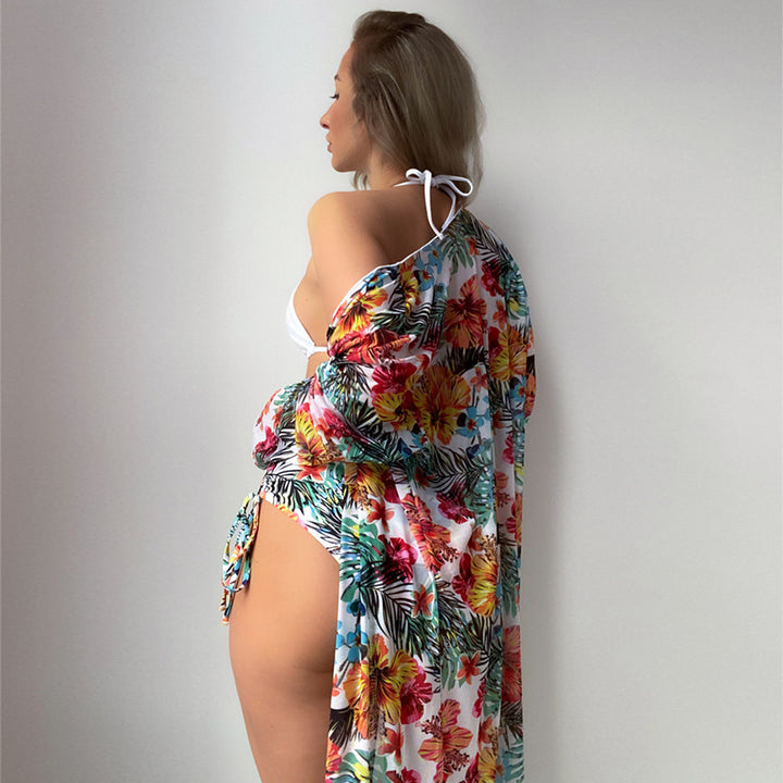 Dame bikini sæt med blomster kimono og højtaljede shorts Stilla