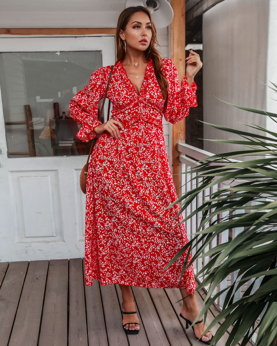 Dame Maxi-kjole med blomstret design og voluminøse ærmer Stilla