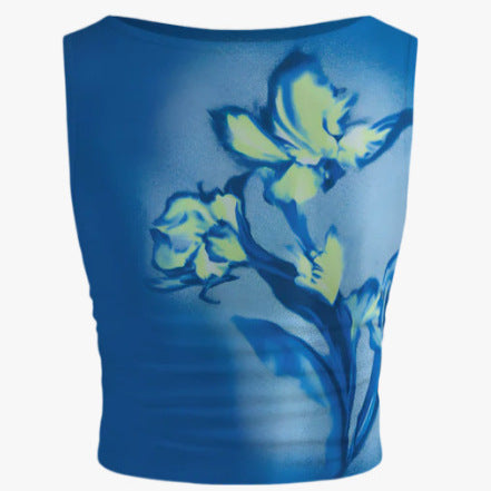 Dame ærmeløs crop-top med blomsterprint og tætsiddende snit Skovae