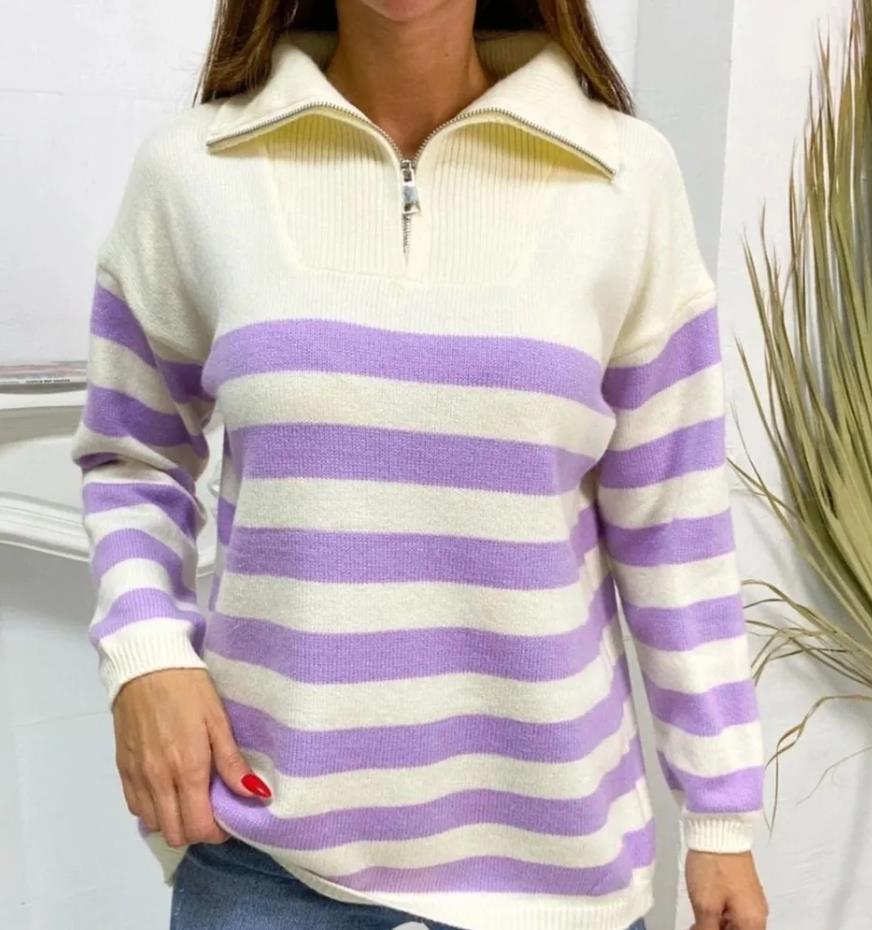 Dame mønstrede sweater med høj krave og lynlås Stilla