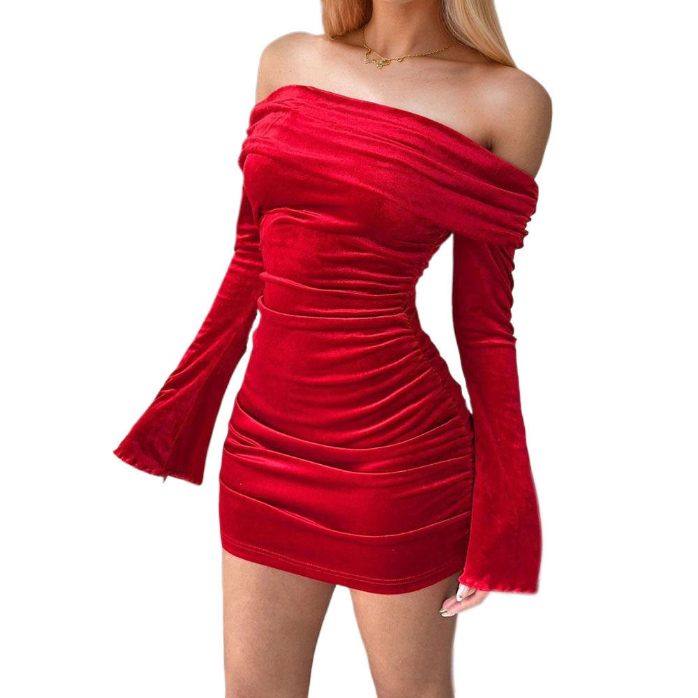 Dame fitted velour mini kjole med off-shoulder design og ruffle detaljer Stilla