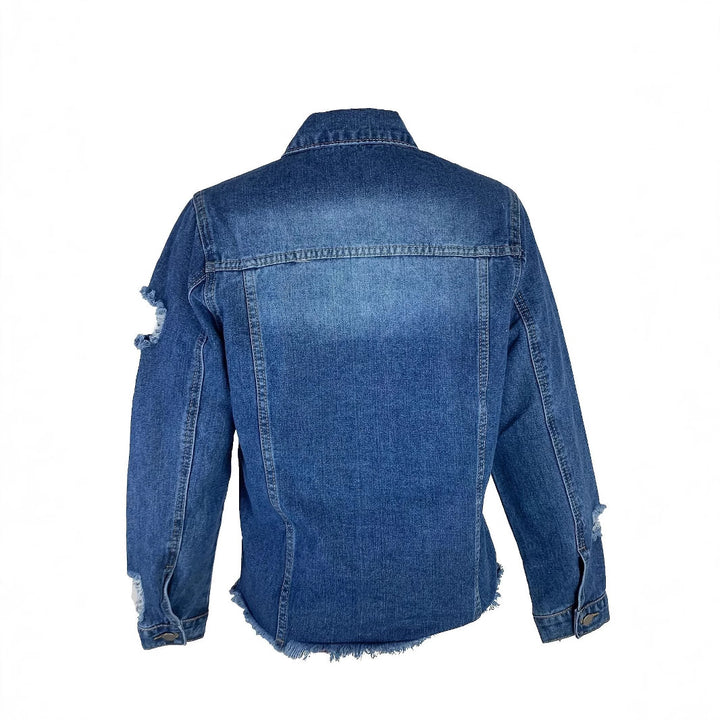 Dame Denimjakke med afslappet snit og flosset kant Stilla