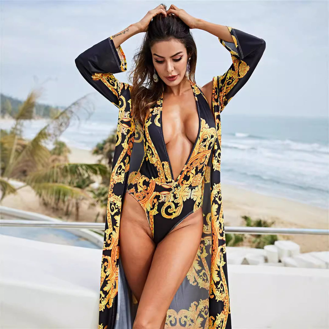 Dame Elegant Kimono-Style Badedragt med dyb V-udskæring og lange ærmer Stilla
