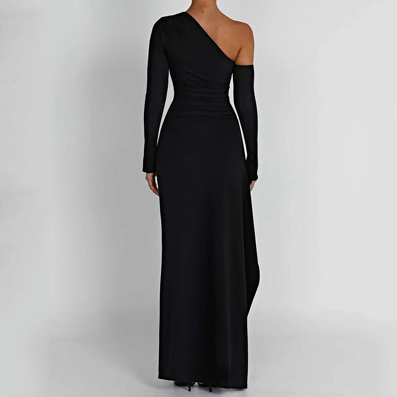 Dame Elegant One-Shoulder Maxi Kjole med Glitrende Stof og Tætsiddende Snit Skovae