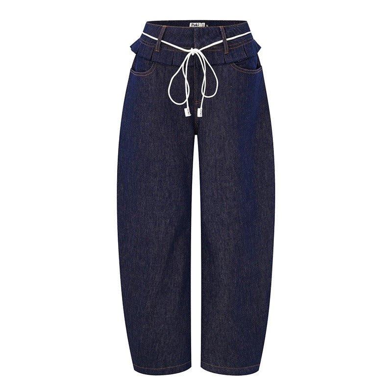 Kvinder brede denim bukser med høj talje og stilfulde plisseringer.