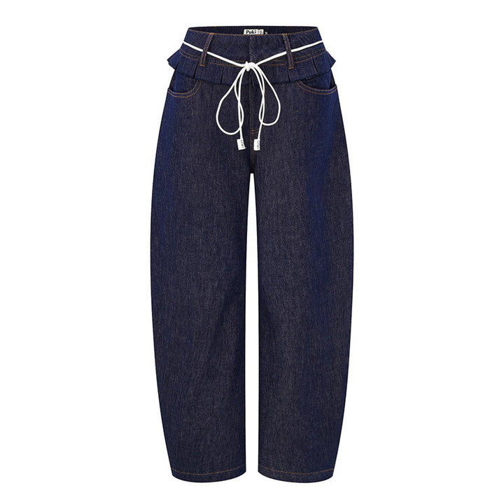 Kvinder brede denim bukser med høj talje og stilfulde plisseringer.