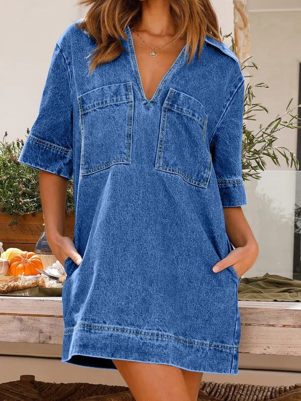 Dame denim skjortekjole med afslappet pasform og praktiske lommer Stilla