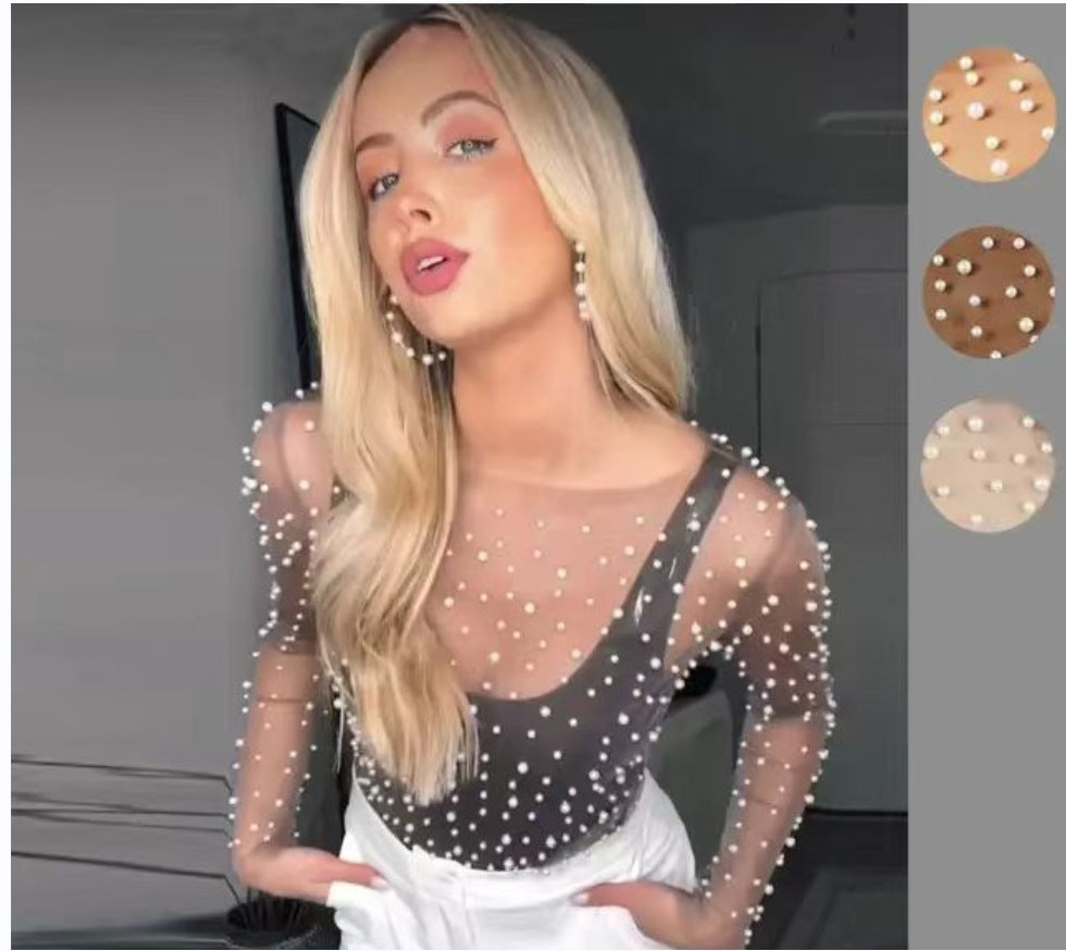 Damer transparent tyl bluse med perleudsmykning Stilla