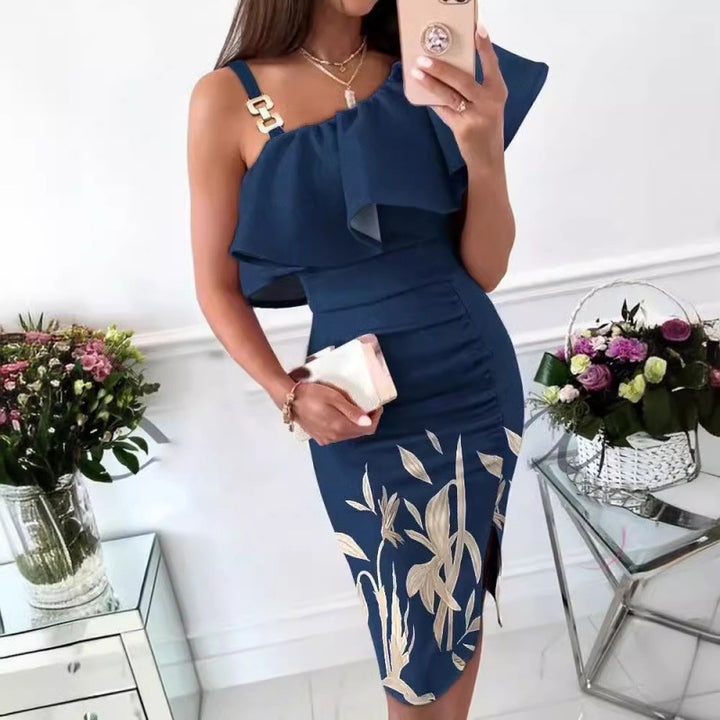 Femme Elegante Rynke En-Skulder Kjole Stilla