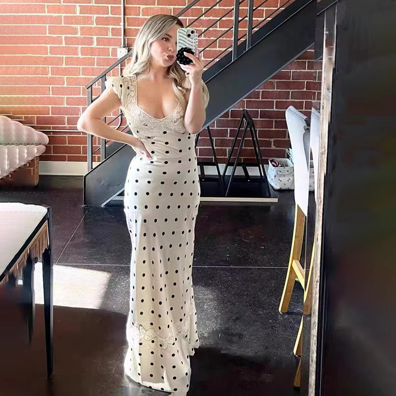Dame maxikjole med elegant spidsindsatser og polka-dots Stilla