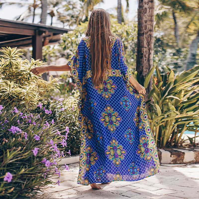 Dame Let Kaftan med farverigt blomstermønster og sidelommer Stilla