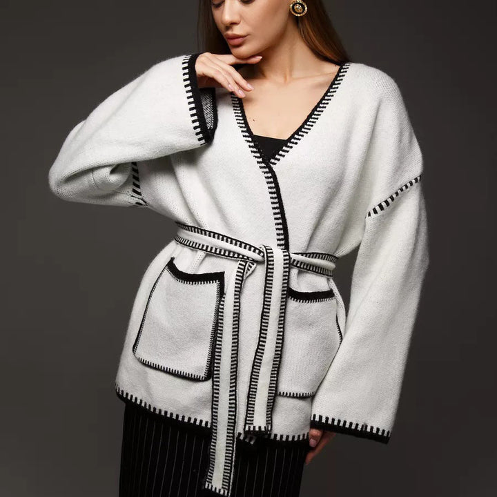 Damer Fashionable Strik Cardigan med Livrem og Original Lomme Design Stilla