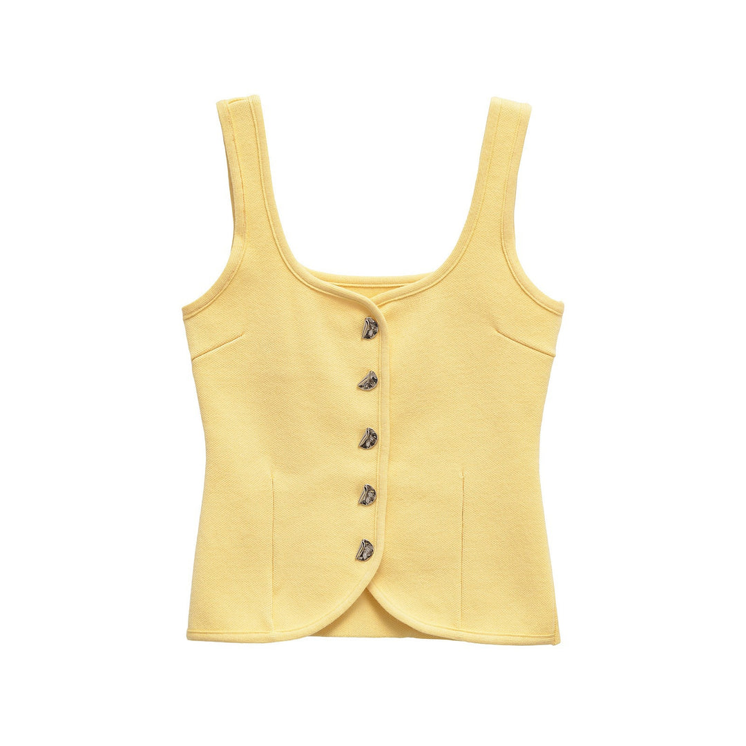 Femme Taljeret Kvadrat-Udskæring Knap-Op Crop Top Stilla