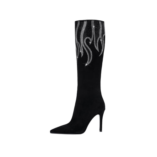 Femme Over-the-Knee Stiletto-støvler med strass-flamme-design Stilla