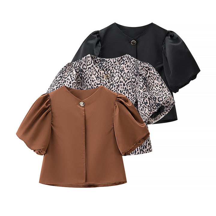 Dame elegant kortærmet bluse med puffærmer Stilla