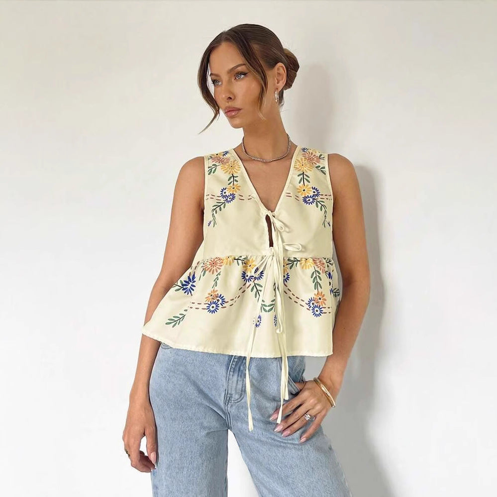 Dame bluse top med blomster mønster Stilla