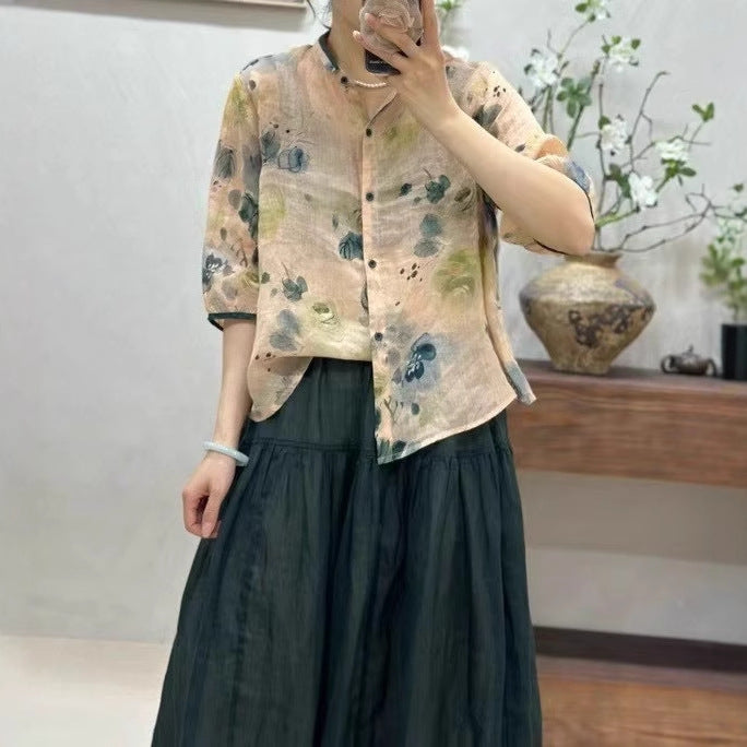 Dame Button-Up Blomstermønster Bluse Stilla