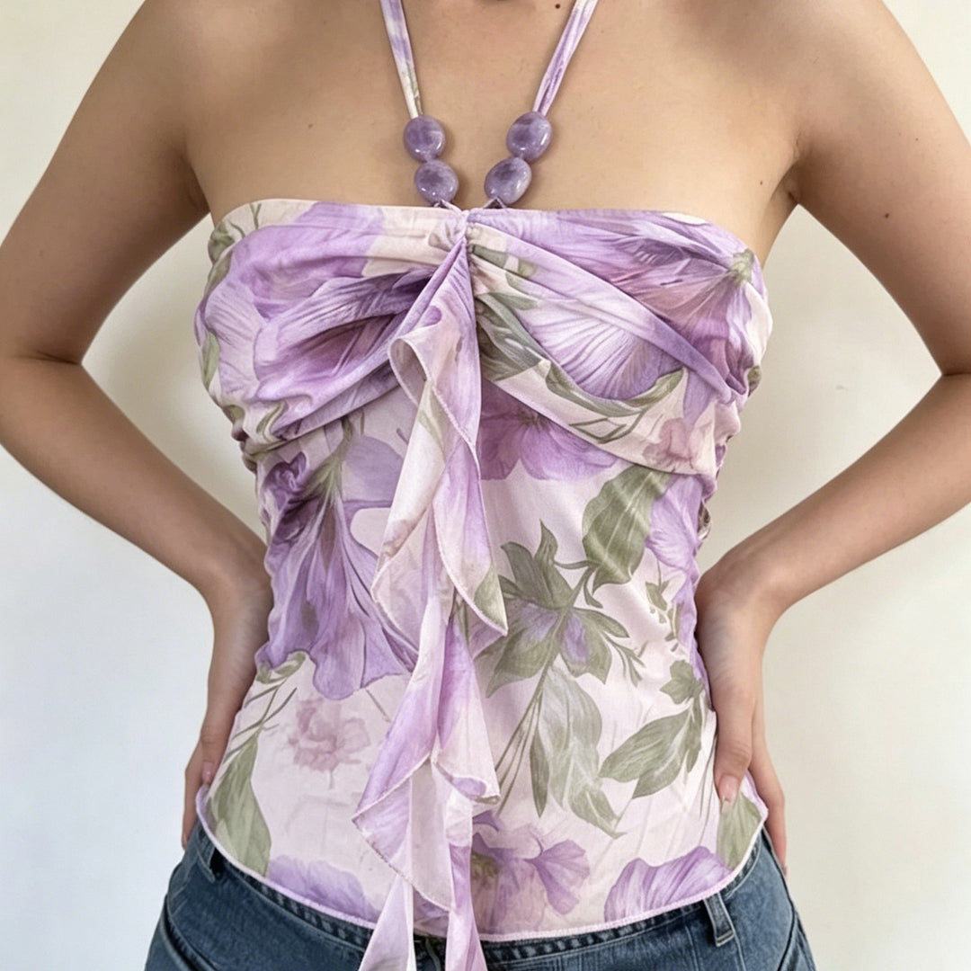 Dame halterneck bluse med blomsterdesign og raffineret krøllekant Skovae
