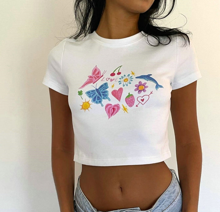Dame cropped T-shirt med eksklusivt hestemotiv og figurtilpasset snit Skovae