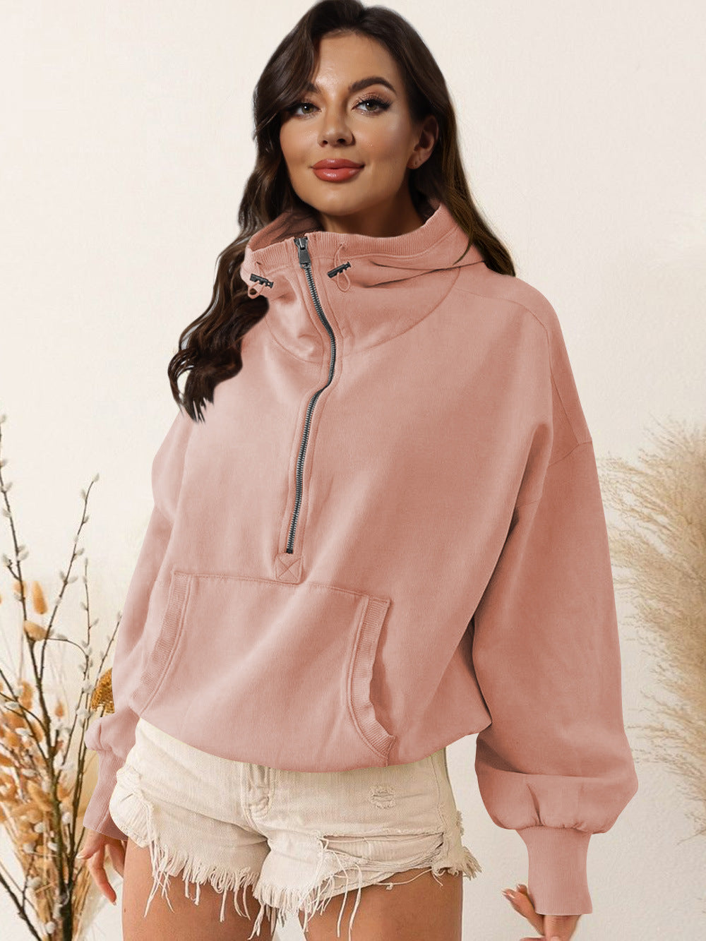 Dame afslappet hoodie med høj krave og lynlås Stilla